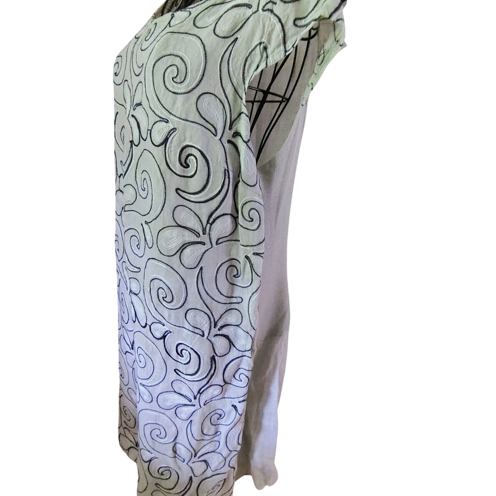 Made in Italy Linen Embroidered Swirl Shift Dress with Pockets Navy Beige L - Picture 5 of 10
